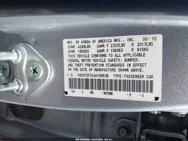 Aukcja sprzedaży 2010 Honda Accord 2.4 Lx, vin: 1HGCP2F31AA168538, numer aukcji: 45000596