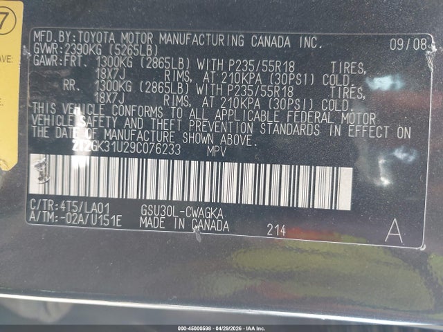 Aukcja sprzedaży 2009 Lexus Rx 350, vin: 2T2GK31U29C076233, numer aukcji: 45000598