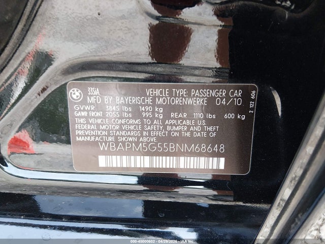45000602 :رقم المزاد ، WBAPM5G55BNM68648 vin ، 2011 Bmw 335i مزاد بيع