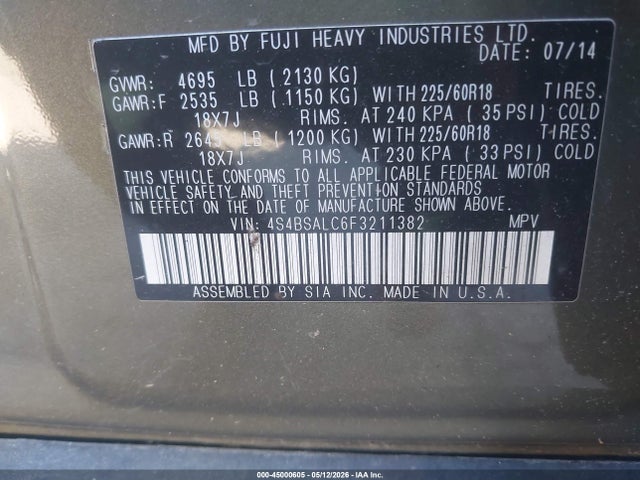 4S4BSALC6F3211382 Subaru Outback 2.5i Limited