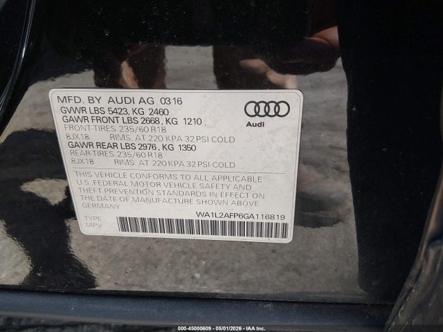 Продажа на аукционе авто 2016 Audi Q5 2.0t Premium, vin: WA1L2AFP6GA116819, номер лота: 45000609