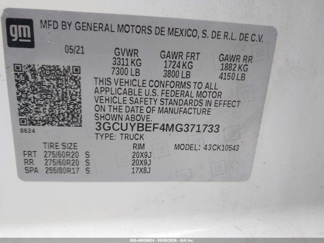 Aukcja sprzedaży 2021 Chevrolet Silverado 1500 4wd  Short Bed Custom, vin: 3GCUYBEF4MG371733, numer aukcji: 45000624