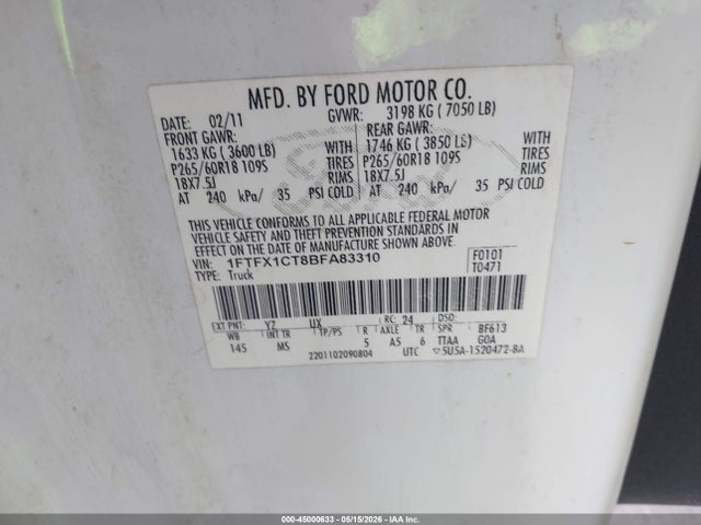 Aukcja sprzedaży 2011 Ford F-150 Xlt, vin: 1FTFX1CT8BFA83310, numer aukcji: 45000633