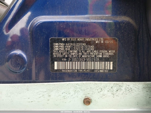 Продажа на аукционе авто 2015 Subaru Wrx Limited, vin: JF1VA1G60F9831978, номер лота: 45000646