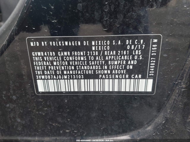 Продаж на аукціоні авто 2018 Volkswagen Jetta 1.4t Se/1.4t Wolfsburg Edition, vin: 3VWDB7AJ0JM213103, номер лоту: 45000660