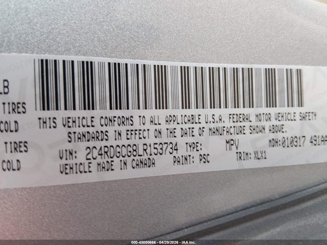 45000666 :رقم المزاد ، 2C4RDGCG8LR153734 vin ، 2020 Dodge Grand Caravan Sxt مزاد بيع