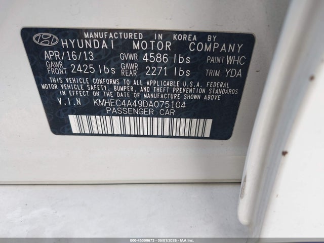 2013 Hyundai Sonata Hybrid Limited მანქანა იყიდება აუქციონზე, vin: KMHEC4A49DA075104, აუქციონის ნომერი: 45000673