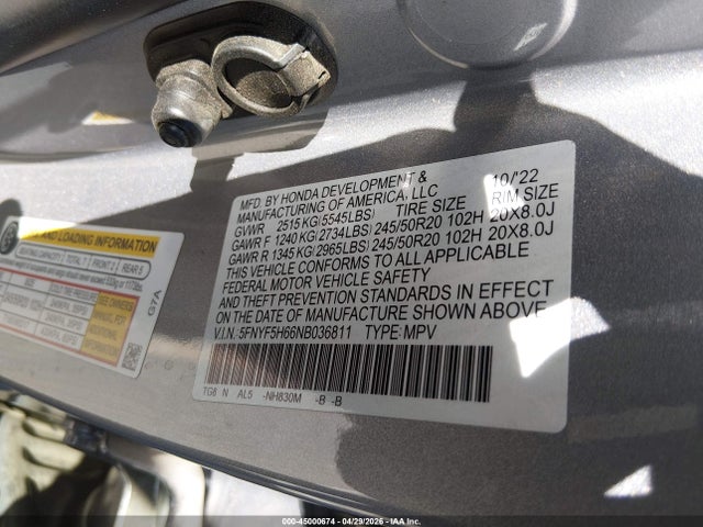 Aukcja sprzedaży 2022 Honda Pilot 2wd Touring 7 Passenger, vin: 5FNYF5H66NB036811, numer aukcji: 45000674