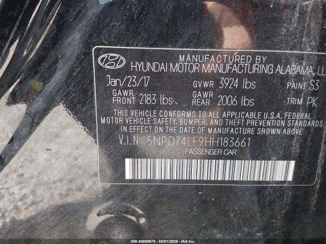 Aukcja sprzedaży 2017 Hyundai Elantra Se, vin: 5NPD74LF9HH183661, numer aukcji: 45000678