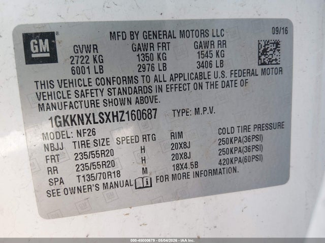 Aukcja sprzedaży 2017 Gmc Acadia Denali, vin: 1GKKNXLSXHZ160687, numer aukcji: 45000679