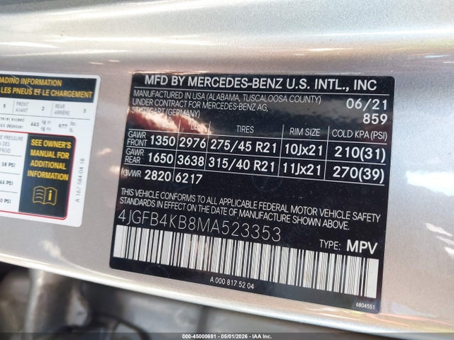 2021 Mercedes-benz Gle 350 4matic მანქანა იყიდება აუქციონზე, vin: 4JGFB4KB8MA523353, აუქციონის ნომერი: 45000691