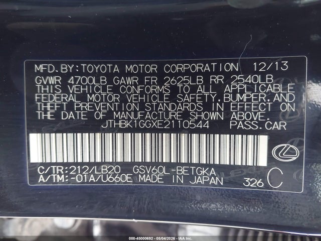 Продажа на аукционе авто 2014 Lexus Es 350, vin: JTHBK1GGXE2110544, номер лота: 45000692