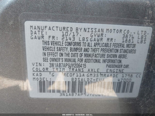 Aukcja sprzedaży 2018 Nissan Sentra Sv, vin: 3N1AB7AP9JY206415, numer aukcji: 45000713