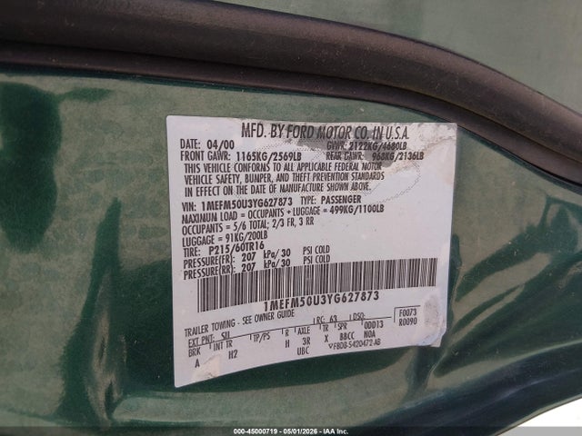 Aukcja sprzedaży 2000 Mercury Sable Gs, vin: 1MEFM50U3YG627873, numer aukcji: 45000719