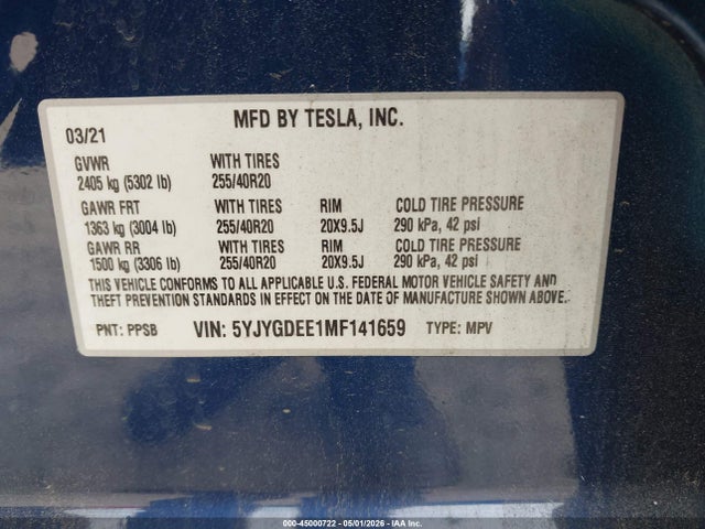 2021 Tesla Model Y Long Range Dual Motor All-wheel Drive მანქანა იყიდება აუქციონზე, vin: 5YJYGDEE1MF141659, აუქციონის ნომერი: 45000722