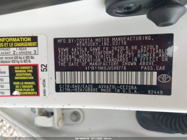 2018 Toyota Camry Se მანქანა იყიდება აუქციონზე, vin: 4T1B11HK0JU599778, აუქციონის ნომერი: 45000726