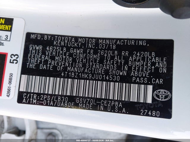 2018 Toyota Camry Xse V6 მანქანა იყიდება აუქციონზე, vin: 4T1BZ1HK9JU014530, აუქციონის ნომერი: 45000727