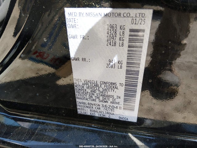 1N4BL4DV4SN362048 Nissan Altima Sv Fwd