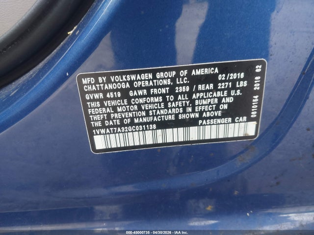 Aukcja sprzedaży 2016 Volkswagen Passat 1.8t S, vin: 1VWAT7A32GC031138, numer aukcji: 45000735