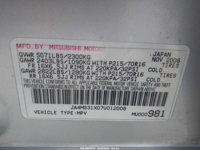 Aukcja sprzedaży 2007 Mitsubishi Outlander Es/ls, vin: JA4MS31X07U012008, numer aukcji: 45000740