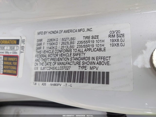 Aukcja sprzedaży 2020 Acura Rdx Technology Package, vin: 5J8TC2H5XLL037027, numer aukcji: 45000741