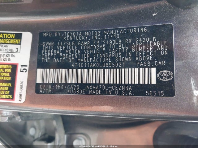 Продаж на аукціоні авто 2020 Toyota Camry Le, vin: 4T1C11AK0LU895921, номер лоту: 45000749