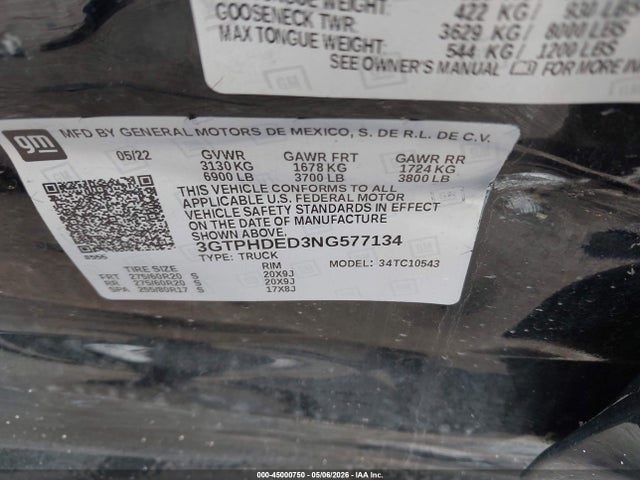 Aukcja sprzedaży 2022 Gmc Sierra 1500 2wd  Short Box Slt, vin: 3GTPHDED3NG577134, numer aukcji: 45000750