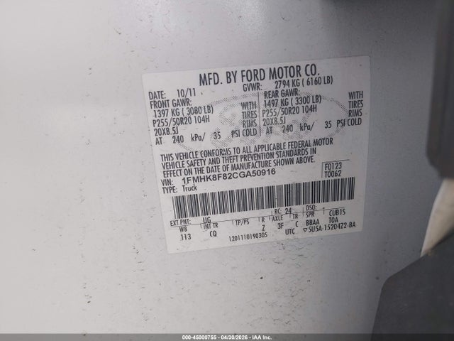 45000755 :رقم المزاد ، 1FMHK8F82CGA50916 vin ، 2012 Ford Explorer Limited مزاد بيع