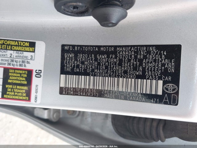 2014 Toyota Corolla Le მანქანა იყიდება აუქციონზე, vin: 2T1BURHE5EC220880, აუქციონის ნომერი: 45000760