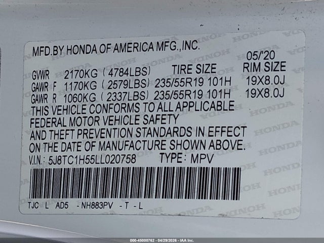 45000762 :رقم المزاد ، 5J8TC1H55LL020758 vin ، 2020 Acura Rdx Technology Package مزاد بيع