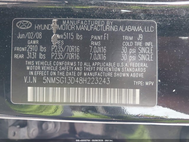 Aukcja sprzedaży 2008 Hyundai Santa Fe Gls, vin: 5NMSG13D48H223243, numer aukcji: 45000764