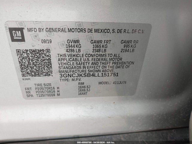 Aukcja sprzedaży 2020 Chevrolet Trax Fwd Ls, vin: 3GNCJKSB4LL151751, numer aukcji: 45000768