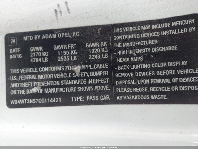 45000769 :رقم المزاد ، W04WT3N57GG114421 vin ، 2016 Buick Cascada Premium مزاد بيع