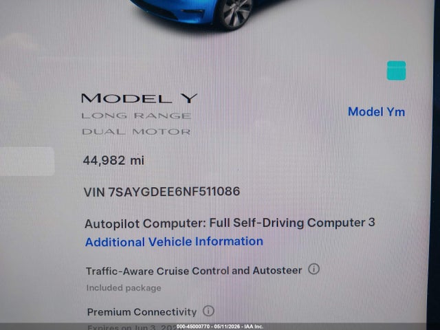 2022 Tesla Model Y Long Range Dual Motor All-wheel Drive მანქანა იყიდება აუქციონზე, vin: 7SAYGDEE6NF511086, აუქციონის ნომერი: 45000770