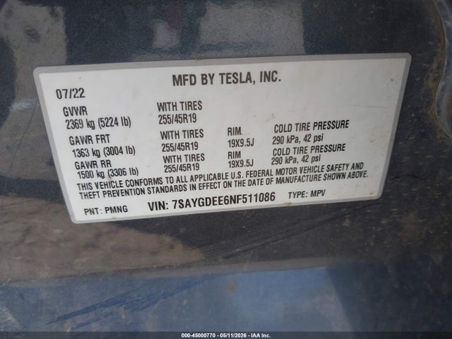2022 Tesla Model Y Long Range Dual Motor All-wheel Drive მანქანა იყიდება აუქციონზე, vin: 7SAYGDEE6NF511086, აუქციონის ნომერი: 45000770
