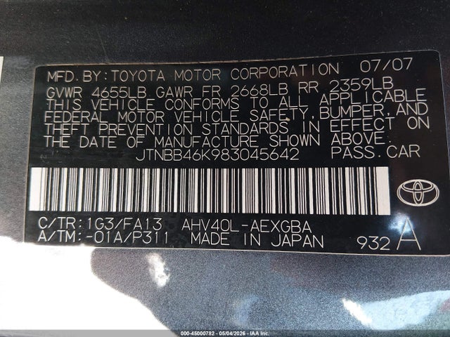 45000782 :رقم المزاد ، JTNBB46K983045642 vin ، 2008 Toyota Camry Hybrid مزاد بيع