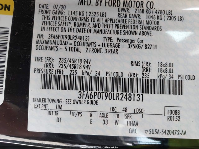 Продажа на аукционе авто 2020 Ford Fusion Se, vin: 3FA6P0T90LR248131, номер лота: 45000783