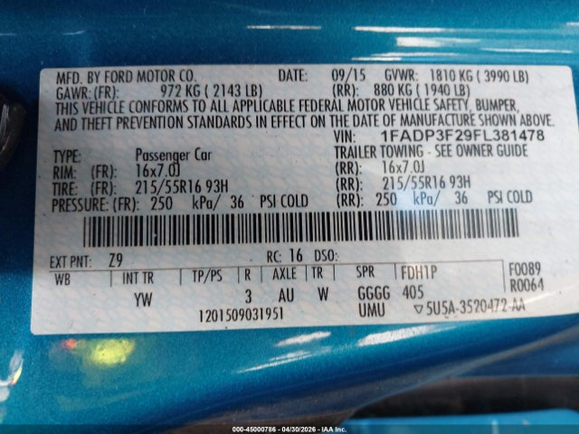 Aukcja sprzedaży 2015 Ford Focus Se, vin: 1FADP3F29FL381478, numer aukcji: 45000786