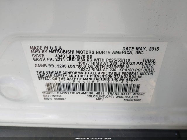 Aukcja sprzedaży 2015 Mitsubishi Outlander Sport Se, vin: 4A4AR4AU0FE035435, numer aukcji: 45000795