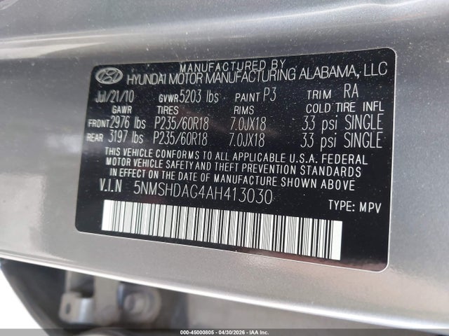 Aukcja sprzedaży 2010 Hyundai Santa Fe Se, vin: 5NMSHDAG4AH413030, numer aukcji: 45000805