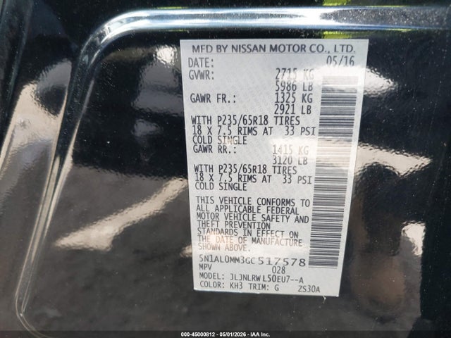 Aukcja sprzedaży 2016 Infiniti Qx60, vin: 5N1AL0MM3GC517578, numer aukcji: 45000812
