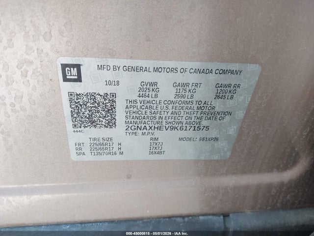 Aukcja sprzedaży 2019 Chevrolet Equinox Ls, vin: 2GNAXHEV9K6171575, numer aukcji: 45000815
