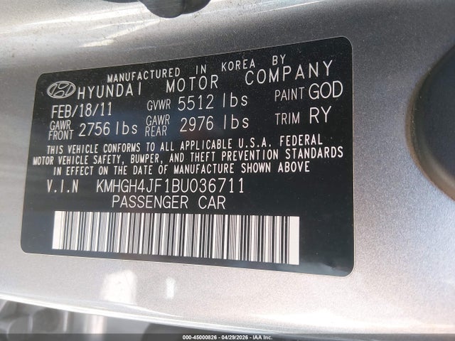 Aukcja sprzedaży 2011 Hyundai Equus Signature, vin: KMHGH4JF1BU036711, numer aukcji: 45000826