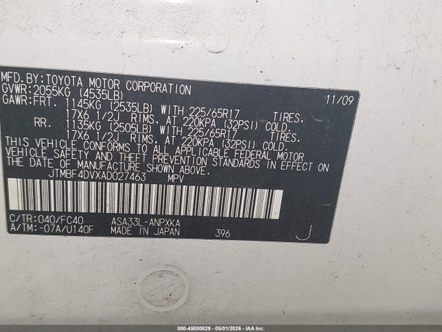 45000829 :رقم المزاد ، JTMBF4DVXAD027463 vin ، 2010 Toyota Rav4 مزاد بيع