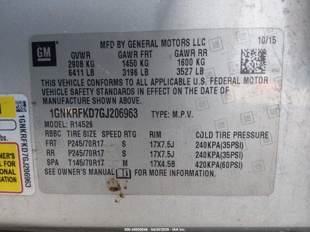 Продажа на аукционе авто 2016 Chevrolet Traverse Ls, vin: 1GNKRFKD7GJ206963, номер лота: 45000846