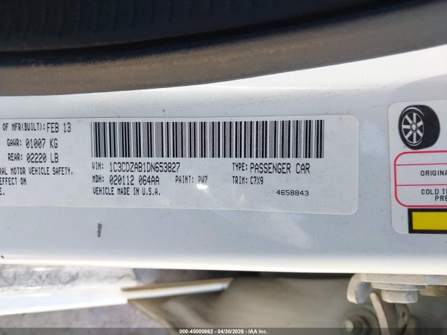 2013 Dodge Avenger Se მანქანა იყიდება აუქციონზე, vin: 1C3CDZAB1DN653827, აუქციონის ნომერი: 45000862