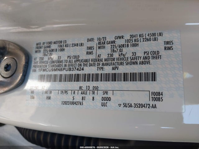 45000876 :رقم المزاد ، 1FMCU9MN8PUB37424 vin ، 2023 Ford Escape St-line مزاد بيع