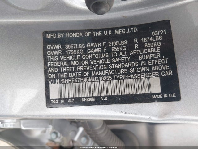 SHHFK7H45MU219255 Honda Civic Sport