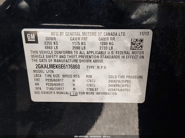 Aukcja sprzedaży 2014 Gmc Terrain Sle-1, vin: 2GKALMEK6E6176860, numer aukcji: 45000903