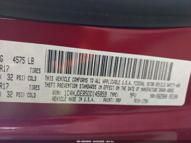 2013 Jeep Compass Latitude მანქანა იყიდება აუქციონზე, vin: 1C4NJDEB5DD145859, აუქციონის ნომერი: 45000909
